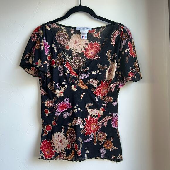 VTG Y2K Floral Lightweight La Belle Babydoll Top Flutter Sleeves Women's L - Picture 1 of 10